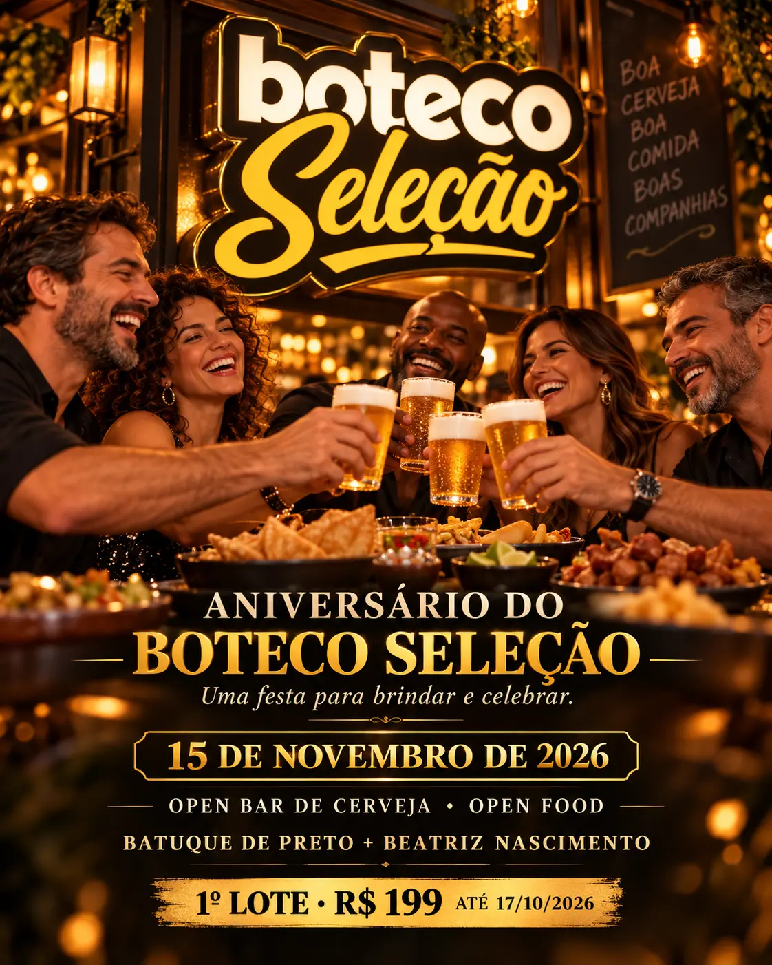 Aniversário do Boteco Seleção: 15 de novembro de 2026, Open Bar de cerveja, Open Food, Batuque de Preto e Beatriz Nascimento.